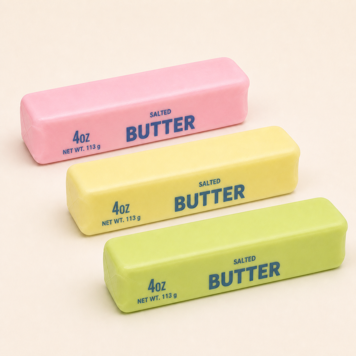 Crunch Butter Squishy 4oz in Pink, Yellow and Lime Green on an ivory background