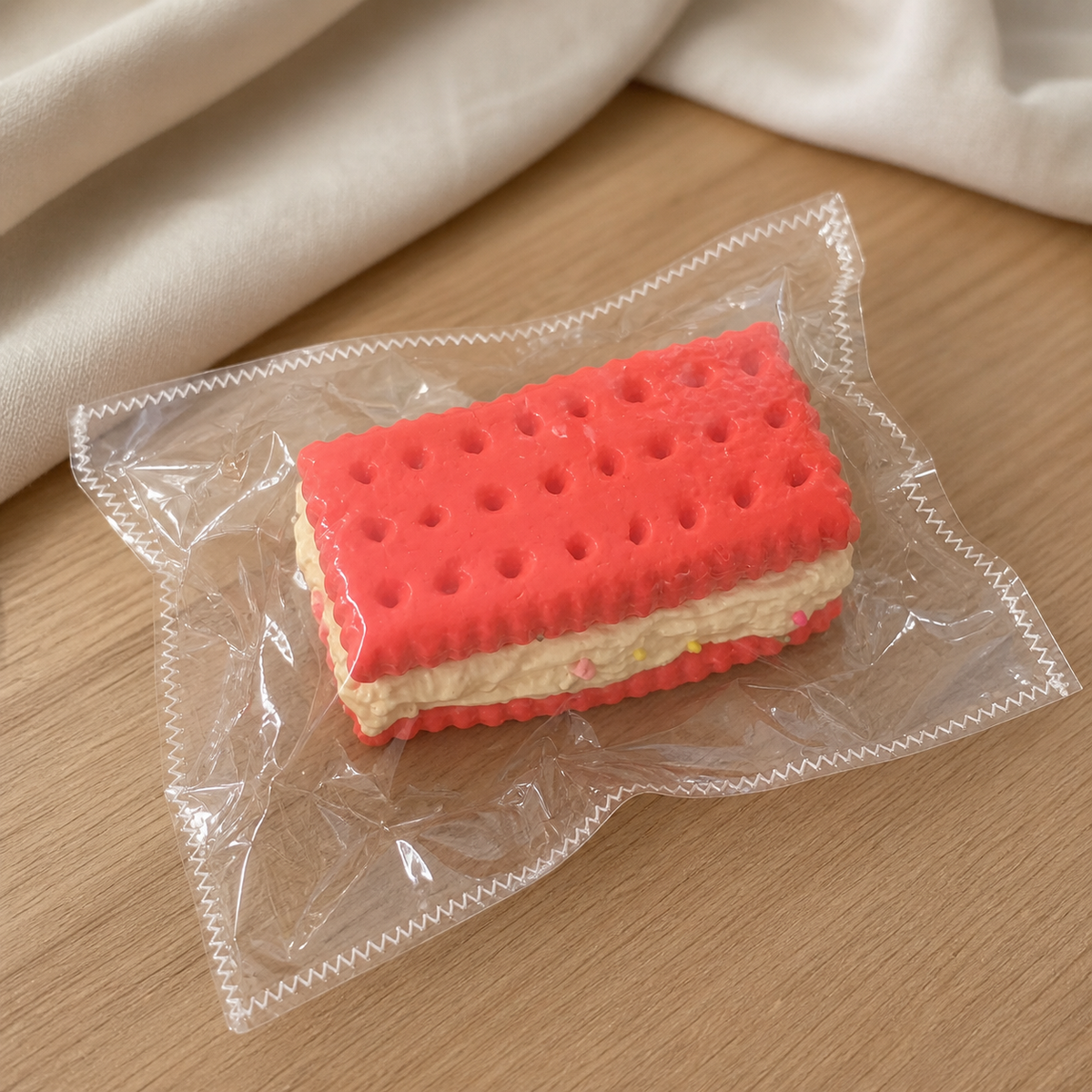 Real product photo of the NOLLUMI Dopamine Sandwich Cookie Squishy in its clear sealed wrapper on a warm neutral setting