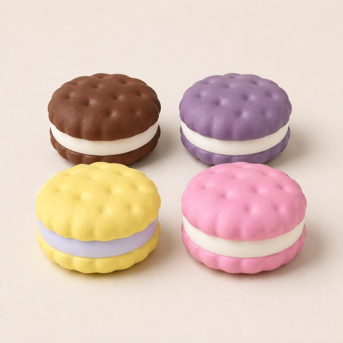 NOLLUMI Sandwich Cookie Squishy in Coffee, Taro Purple, Sunshine Yellow and Strawberry Pink together
