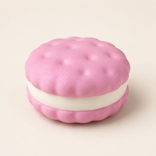 NOLLUMI Sandwich Cookie Squishy in Strawberry Pink, with scalloped pink layers, soft dimples and white cream filling